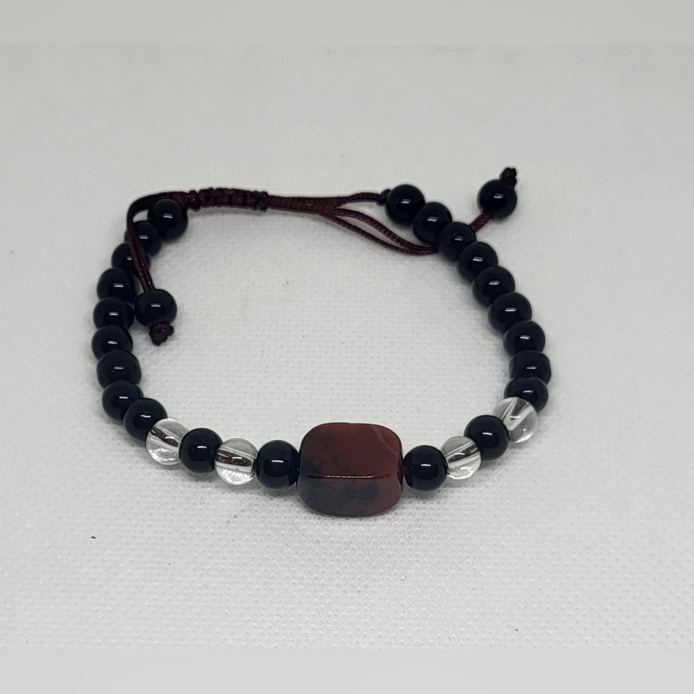 Onyx & Clear Quartz Bracelet w/ Red Jasper Center – Adjustable Shamballa - Picture 2 of 3